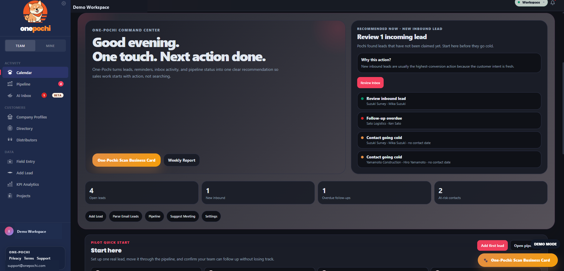 One-Pochi command center dashboard with recommendations, pipeline metrics, and sidebar navigation.